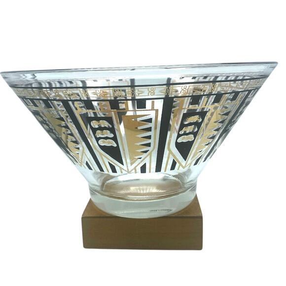 VINTAGE Libby GLASS Chip Salad‎ Serving BOWL Barware GOLD Black GLASS 10.5" wide - Picture 1 of 9